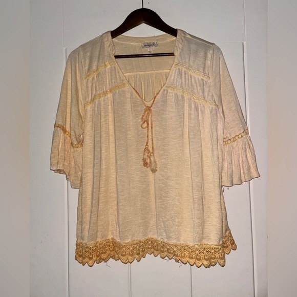 One World Live and Let Live Women Peasant Blouse L Bell Sleeve Boho Hippie Indie - Picture 1 of 9